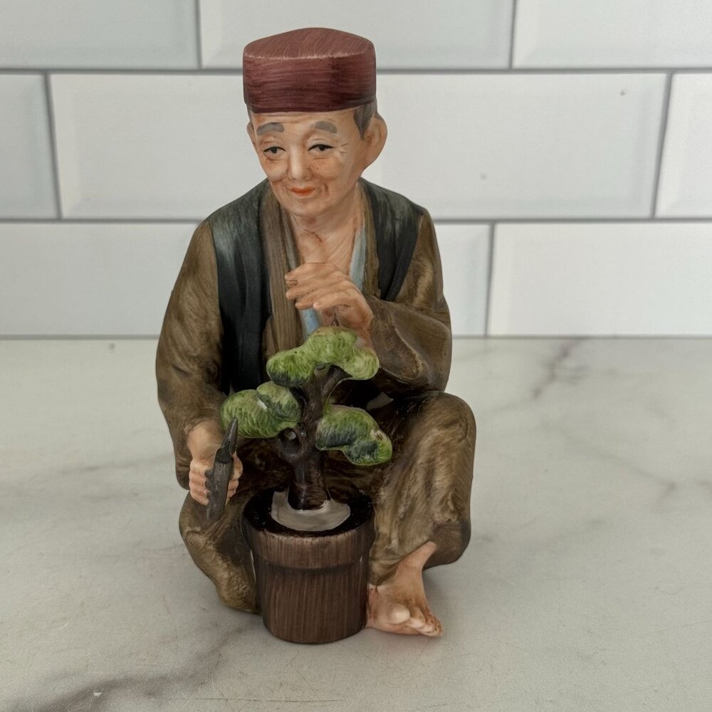 Bonsai Tree Pruning Hand-Painted Ceramic Figurine Of Elderly Man
